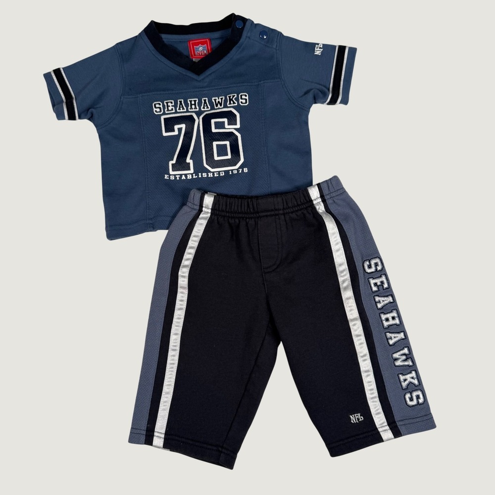 NFL Seattle Seahawks Baby 6/9M Jersey Shirt and Pants Set Blue Gray 76 Logo